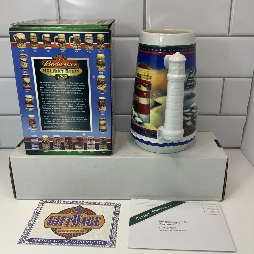 2002  Anheuser Busch Budweiser Holiday Christmas Beer Stein Clydesdales‎